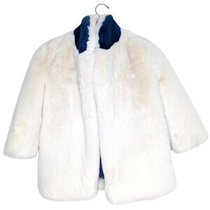 COMMAMME Faux Fur Coat Medium M Navy Blue Cream Glam Mob Wife Luxury Jacket